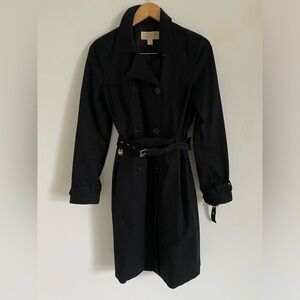 Michael Kors Trench Coat Womens Black Cotton Collared Belted Button Front Size M